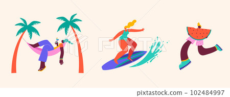 Collection of colorful, modern style characters, people at summer. Swimming, traveling, surfing 102484997