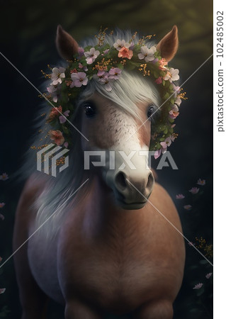 Beautiful red horse with white mane, in a floral wreath on his head, on a dark background Beautiful red horse with white mane, in a floral wreath on his head, on a dark background 102485002