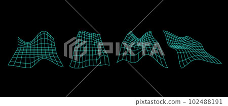 Neon distorted perspective grid pack. Glitch rectangle plane set on dark background. Wavy futuristic elements bundle. Ripple wireframes. Vector abstract collection.  102488191