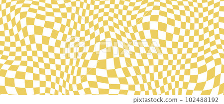 Yellow distorted checkerboard background. Retro psychedelic checkered wallpaper. Wavy groovy chessboard surface. Trippy twisted geometric pattern. Abstract vector backdrop 102488192