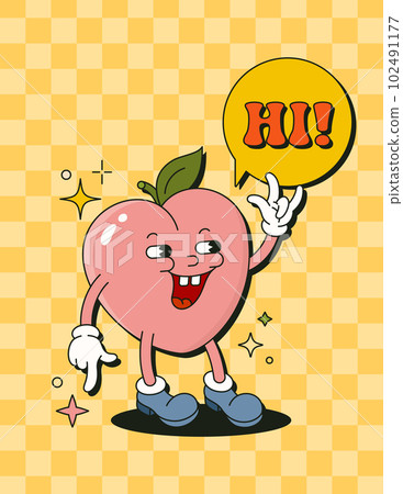 Retro Cartoon Character Peach Fruit Poster. Vector Funny Comic Illustration in Trendy Groovy Style 102491177