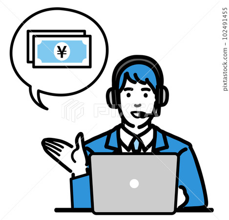 A young male operator sitting in front of a laptop and explaining about money with a smile 102491455