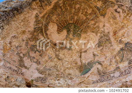 Remains of wall mosaics in ruined building in Turkish city of Anemurium Remains of wall mosaics in ruined building in Turkish city of Anemurium 102491702