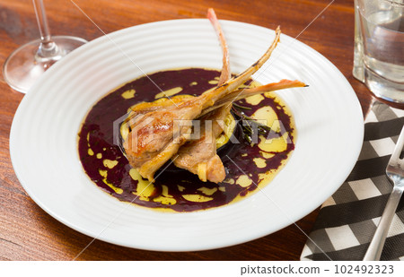 Roasted ribs of mutton with eggplant in wine sauce Roasted ribs of mutton with eggplant in wine sauce 102492323