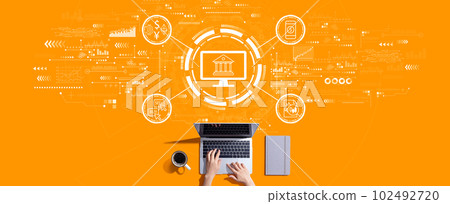 Cryptocurrency fintech theme with person working with laptop Cryptocurrency fintech theme with person working with laptop 102492720