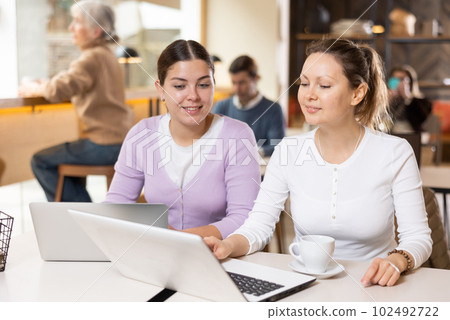 Female freelancers drinking coffee and working on laptop in cafe Female freelancers drinking coffee and working on laptop in cafe 102492722