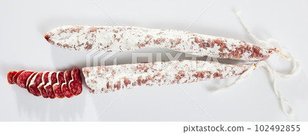 Sliced Catalan dry cured sausage Fuet 102492855