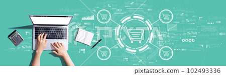 Online shopping theme with person using a laptop 102493336