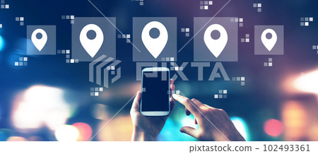 Map pin concept with city lights at night 102493361