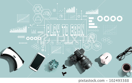 Play to Earn theme with electronic gadgets and office supplies Play to Earn theme with electronic gadgets and office supplies 102493388