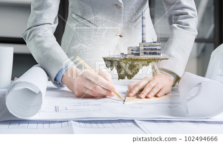 Industrial landscape with chimneys floating 102494666