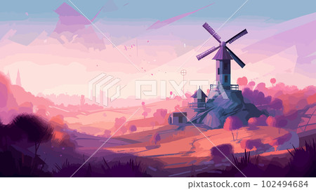 Luminous Wind Power: Blue and Purple Windmill with Light Amber and Green Accents Luminous Wind Power: Blue and Purple Windmill with Light Amber and Green Accents 102494684