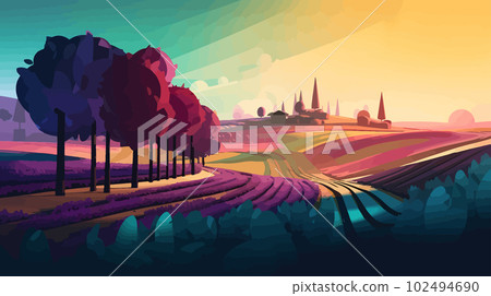 Serenity at Dusk: Dark Azure and Violet Graphic Design-Inspired Landscape with Vineyard and Trees Serenity at Dusk: Dark Azure and Violet Graphic Design-Inspired Landscape with Vineyard and Trees 102494690