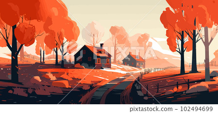 Autumn Village: Bold Graphic Design with Strong Lines and Vibrant Color Fields 102494699