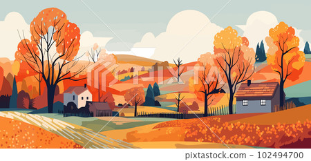 Vibrant Foliage: Bold Graphic Design of Autumn Trees and Village Vibrant Foliage: Bold Graphic Design of Autumn Trees and Village 102494700