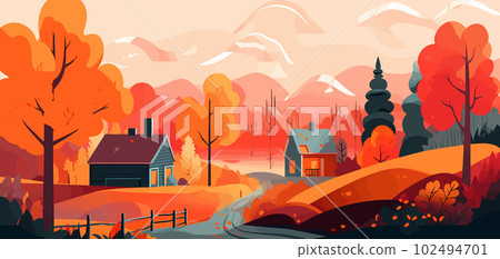 Autumnal Serenity: A Bold Graphic Design of a Village and Trees Autumnal Serenity: A Bold Graphic Design of a Village and Trees 102494701
