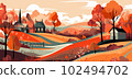 Crisp Autumn Colors: Bold Graphic Design of a Village and Trees 102494702