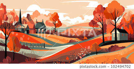 Crisp Autumn Colors: Bold Graphic Design of a Village and Trees Crisp Autumn Colors: Bold Graphic Design of a Village and Trees 102494702