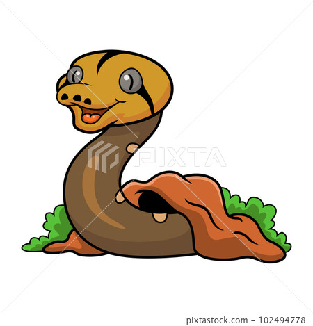 Cute golden child reticulated python cartoon out from hole 102494778