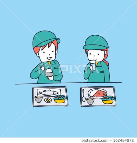 Illustration material of two workers who eat lunch in the employee cafeteria during the lunch break 102494878
