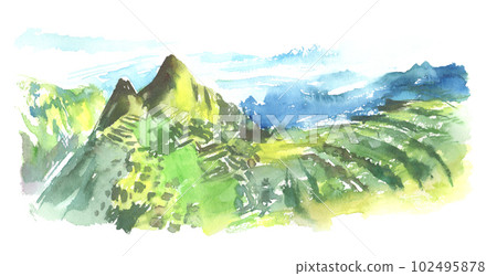 Landscape illustration of Machu Picchu ruins painted by watercolor 102495878