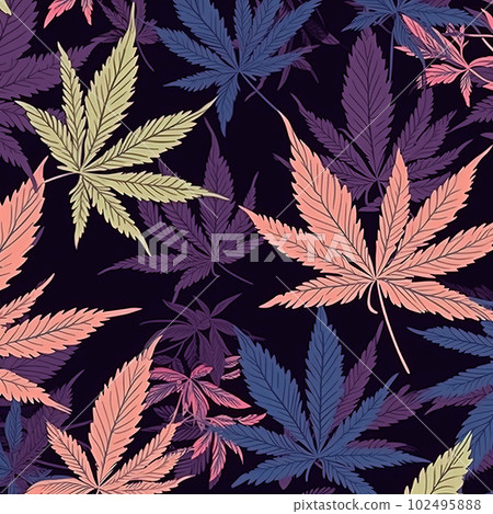 Colorful cannabis leaves pattern on black background. Medical marijuana concept. Generative AI Colorful cannabis leaves pattern on black background. Medical marijuana concept. Generative AI 102495888