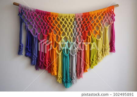 DIY macrame wall hanging. Boho style colorful interior decor. Generative AI DIY macrame wall hanging. Boho style colorful interior decor. Generative AI 102495891