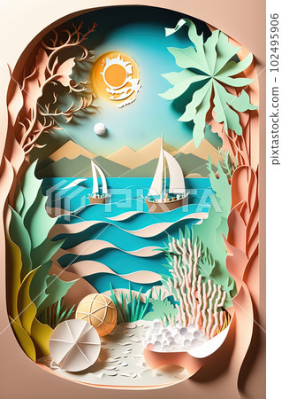 Summer vacation card with sea, palms, boat and sun. Papercut style. Sandy beach, beach on ocean, tropical landscape. Generative AI Summer vacation card with sea, palms, boat and sun. Papercut style. Sandy beach, beach on ocean, tropical landscape. Generative AI 102495906