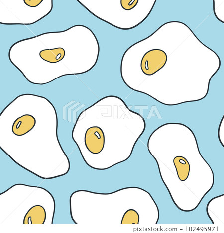 Colorful seamless pattern with fried eggs on blue background. Backdrop with tasty cooked breakfast dish, morning meal. 102495971