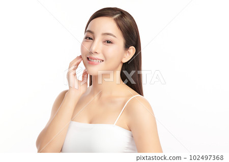 Beautiful young asian woman with clean fresh skin on white background, Face care, Facial treatment, Cosmetology, beauty and spa, Asian women portrait. Beautiful young asian woman with clean fresh skin on white background, Face care, Facial treatment, Cosmetology, beauty and spa, Asian women portrait. 102497368