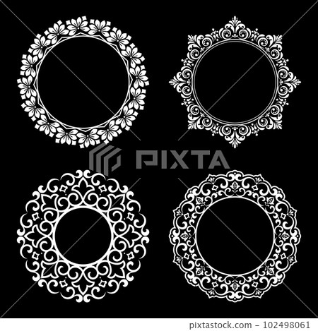 Set of decorative frames Elegant vector element for design in Eastern style, place for text. Floral black and white borders. Lace illustration for invitations and greeting cards. Set of decorative frames Elegant vector element for design in Eastern style, place for text. Floral black and white borders. Lace illustration for invitations and greeting cards. 102498061
