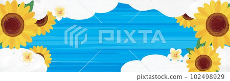 橫幅框框向日葵雞蛋花夏季木紋框背景水彩手繪插畫素材藍色 102498929