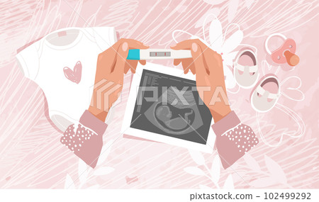 Pregnant woman holding positive pregnancy test, ultrasound scan and newborn clothes on background, modern banner, flat cartoon vector illustration. Pregnant woman holding positive pregnancy test, ultrasound scan and newborn clothes on background, modern banner, flat cartoon vector illustration. 102499292