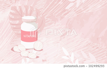 Pills with vitamins and supplements, Promotion banner with copy space, jar with several pills on pink modern background, dietary supplements and sports nutrition, flat vector illustration. Pills with vitamins and supplements, Promotion banner with copy space, jar with several pills on pink modern background, dietary supplements and sports nutrition, flat vector illustration. 102499293