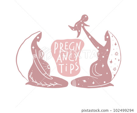 Pregnancy tips banner with two pregnant women and baby, stylized mystical boho pattern, doula, sacred femininity. Vector illustration isolated on white background. Pregnancy tips banner with two pregnant women and baby, stylized mystical boho pattern, doula, sacred femininity. Vector illustration isolated on white background. 102499294