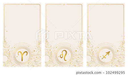 Aries, leo, sagittarius zodiac signs, fire element, astrology banner, set of vintage horoscope cards for stories, boho aesthetics, golden hand drawing on pastel background. Vector illustration. Aries, leo, sagittarius zodiac signs, fire element, astrology banner, set of vintage horoscope cards for stories, boho aesthetics, golden hand drawing on pastel background. Vector illustration. 102499295