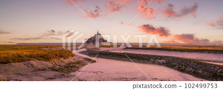 Famous Le Mont Saint-Michel tidal island in Normandy, France 102499753