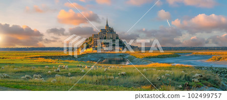 Famous Le Mont Saint-Michel tidal island in Normandy, France 102499757