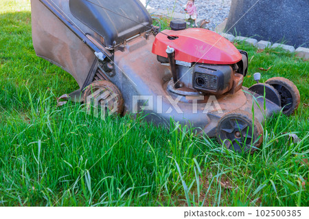 Woman is seen mowing green lawn in her backyard with lawn mower located close to her home Woman is seen mowing green lawn in her backyard with lawn mower located close to her home 102500385