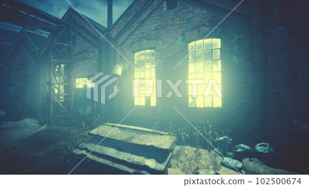 Foggy industrial urban street city night scenery Foggy industrial urban street city night scenery 102500674