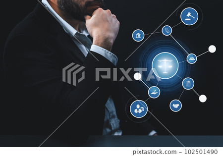 Smart law, legal advice icons and astute lawyer working tools in lawyers office Smart law, legal advice icons and astute lawyer working tools in lawyers office 102501490