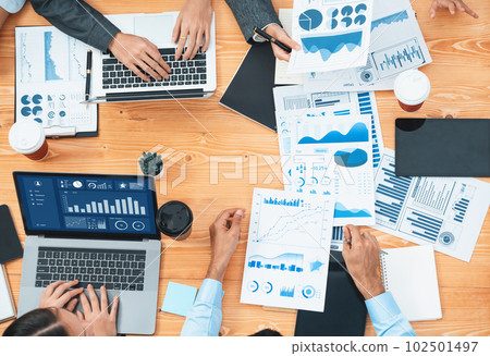 Top view financial dashboard data display on laptop screen. Concord 102501497
