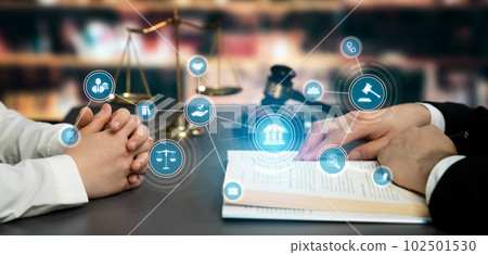 Smart law, legal advice icons and astute lawyer working tools in lawyers office 102501530