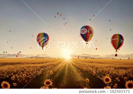 Sunflower field, sunset and balloon Sunflower field, sunset and balloon 102501571