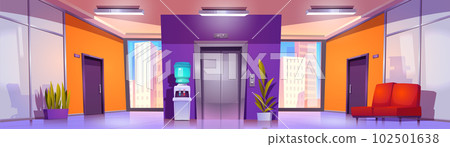 Office corridor with elevator and cabinet door 102501638