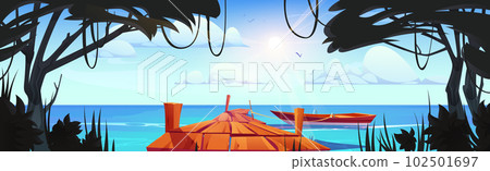 Wooden pier in jungle forest with boat vector 102501697