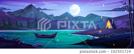 Fireflies in night alps forest near boat in lake 102501724