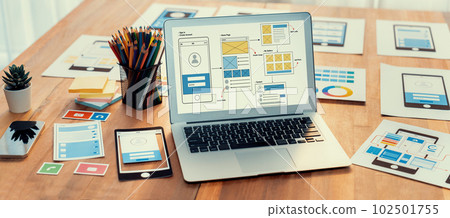 Digital wireframe design for web or mobile app UI on laptop. Scrutinize 102501755