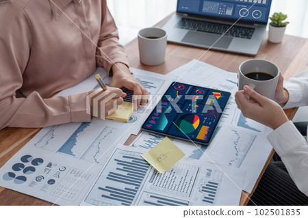 Analyst team colleague discuss financial data on digital dashboard. Enthusiastic Analyst team colleague discuss financial data on digital dashboard. Enthusiastic 102501835