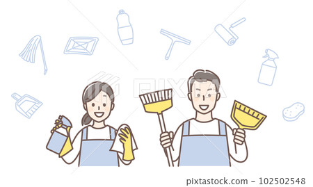 Two men and women wearing cleaning tools and aprons 102502548